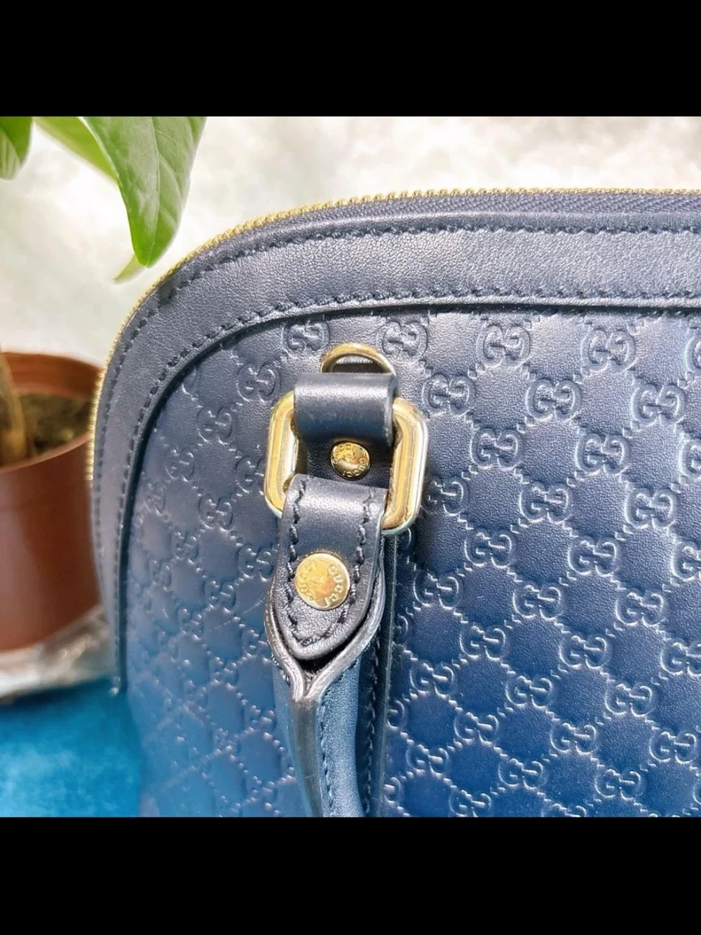Gucci Navy Embossed GG Dome Satchel with Gold Hardware
